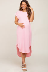 Light Pink Ribbed Round Hi-Lo Hem Maternity Dress
