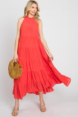Coral Tiered High Neck Maternity Maxi Dress