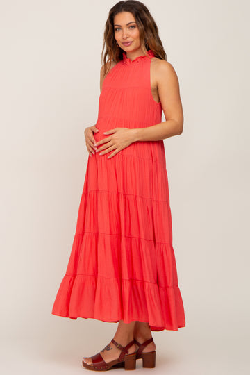 Coral Tiered High Neck Maternity Maxi Dress