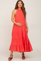 Coral Tiered High Neck Maternity Maxi Dress