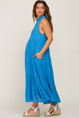 Blue Tiered High Neck Maternity Maxi Dress