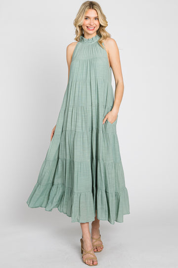 Sage Tiered High Neck Maxi Dress