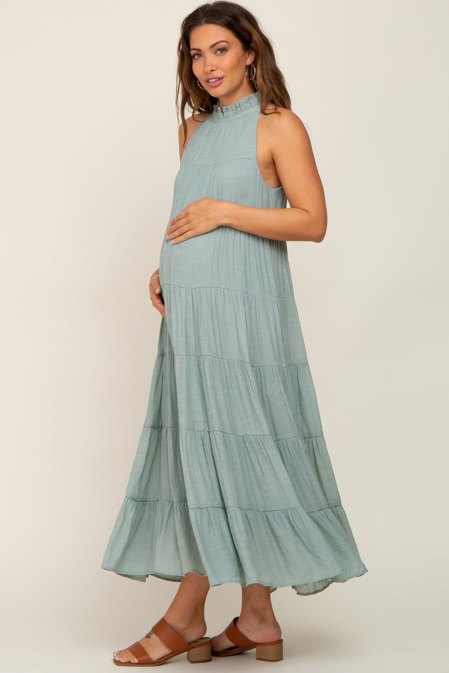 Sage Tiered High Neck Maternity Maxi Dress