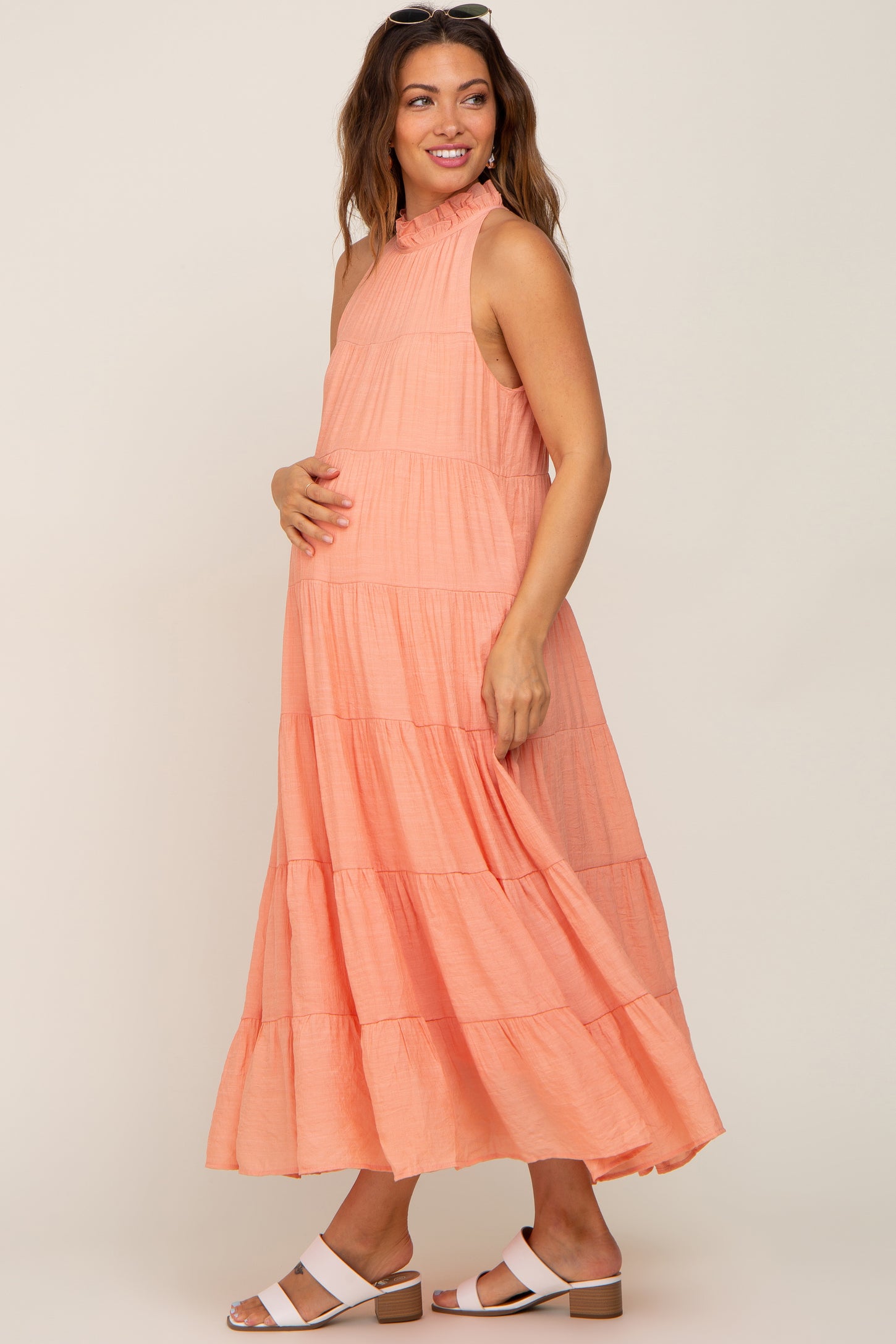 Peach Tiered High Neck Maternity Maxi Dress