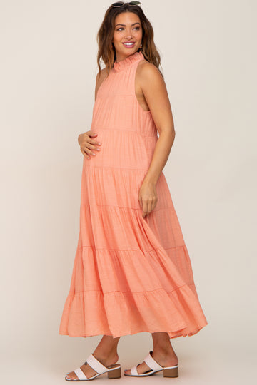 Peach Tiered High Neck Maternity Maxi Dress