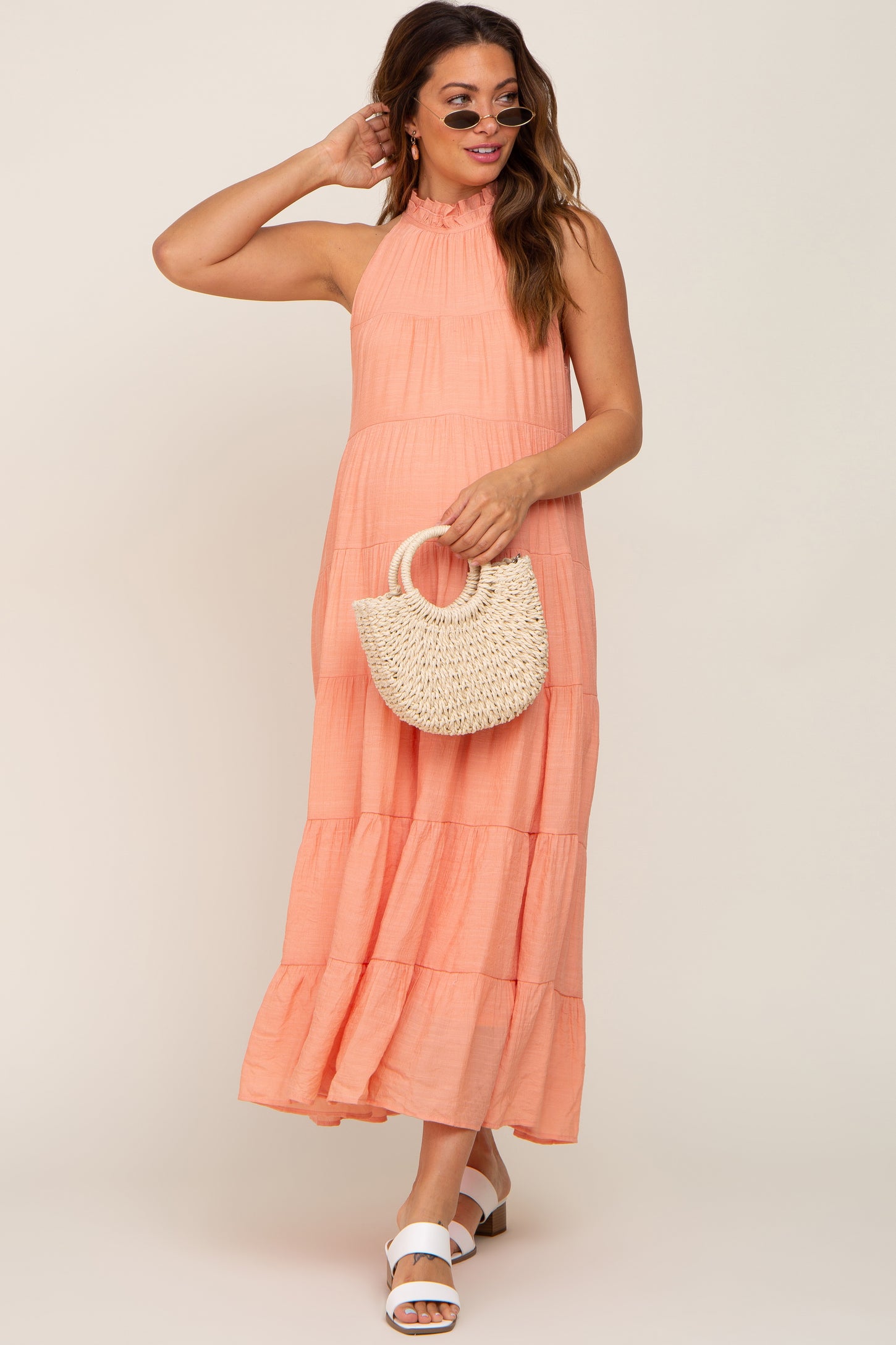 Peach Tiered High Neck Maternity Maxi Dress