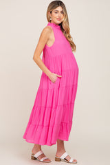 Fuchsia Tiered High Neck Maternity Maxi Dress