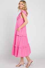 Pink Ruffle Accent Tiered Midi Dress