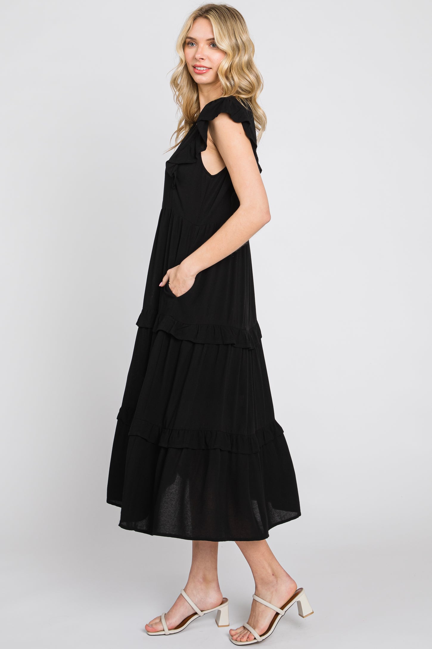 Black Ruffle Accent Tiered Midi Dress – PinkBlush