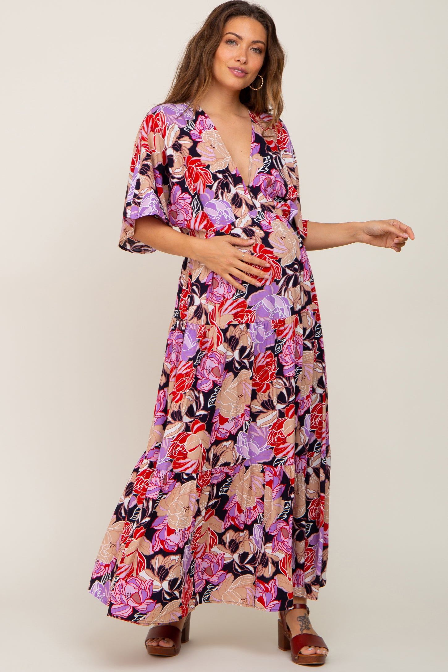 Navy Blue Floral Deep V-Neck Tiered Maternity Maxi Dress– PinkBlush