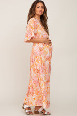 Peach Floral Deep V-Neck Tiered Maternity Maxi Dress