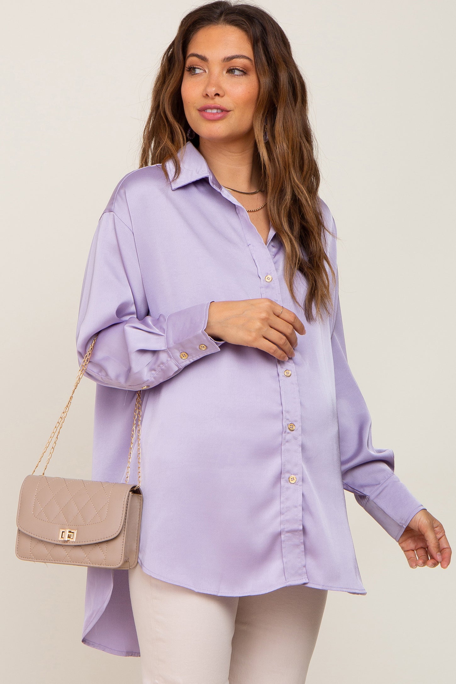 Lavender Satin Button Up Maternity Blouse