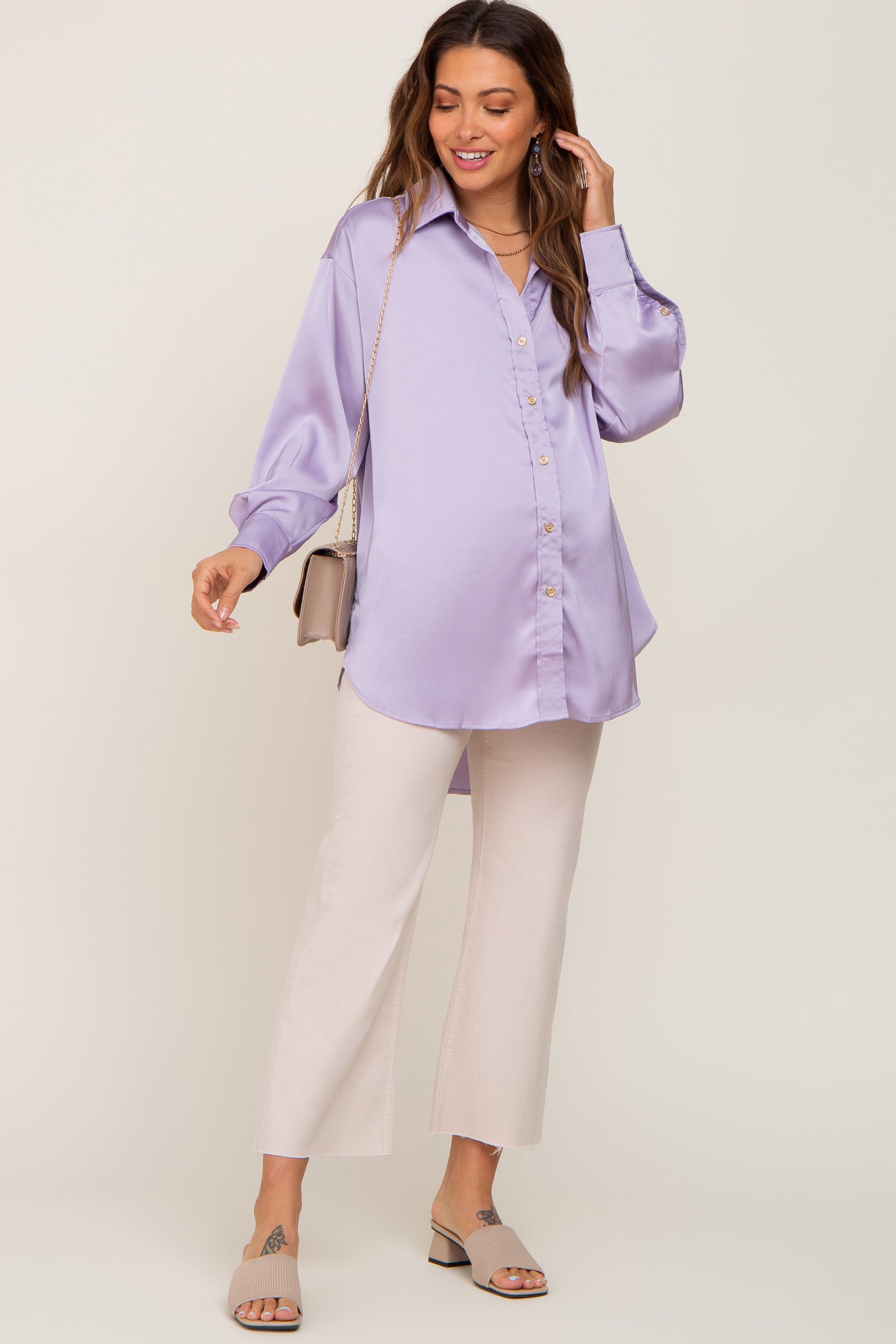 Lavender Satin Button Up Maternity Blouse