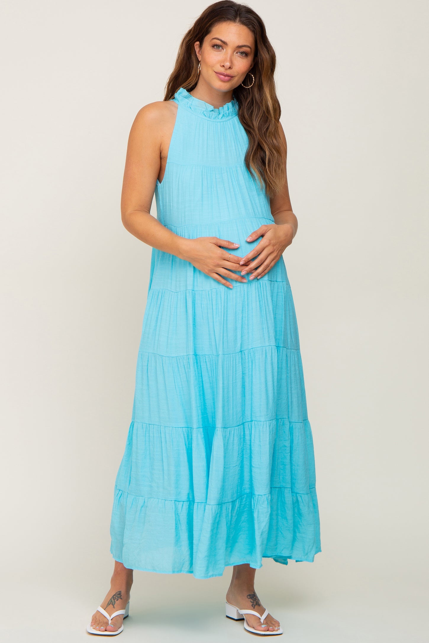 Aqua Tiered High Neck Maternity Maxi Dress