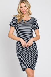 Navy Blue Striped Ruched Side Short Sleeve Dress