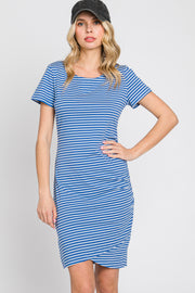 Blue Striped Ruched Side Short Sleeve Dress