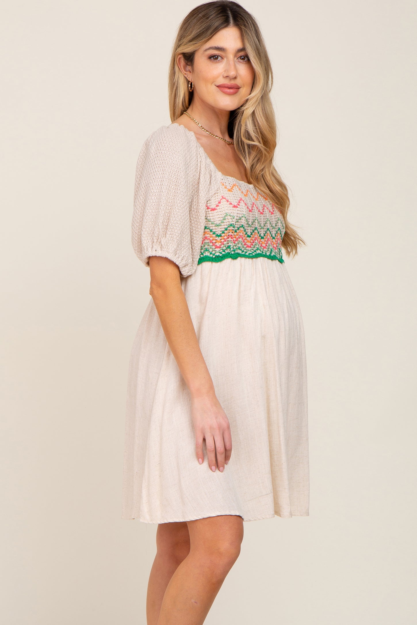 Beige Crochet Puff Sleeve Maternity Dress PinkBlush Beige Crochet Puff Sleeve Maternity Dress PinkBlush