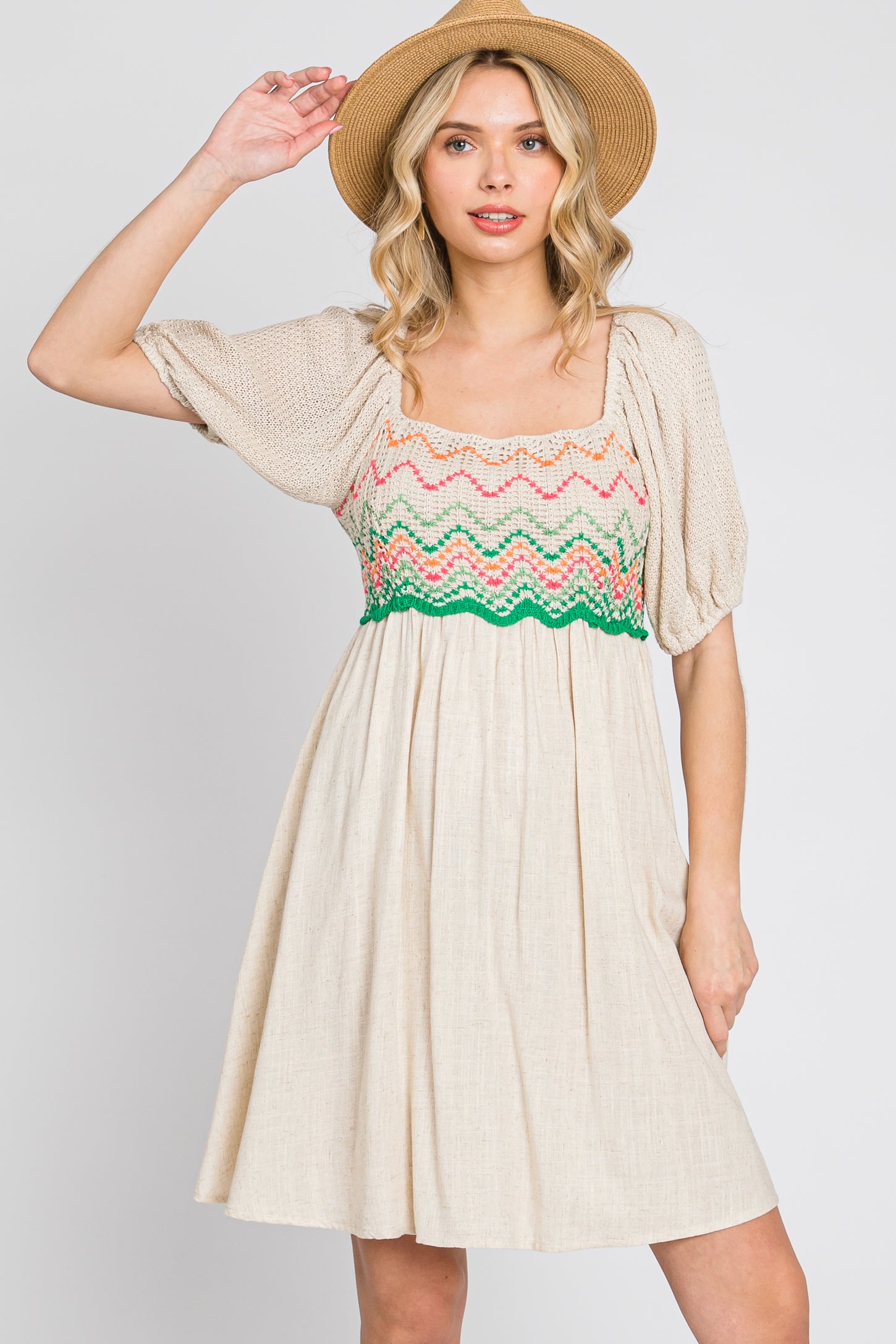 crochet puff sleeve dress Beige Crochet Puff Sleeve Dress
