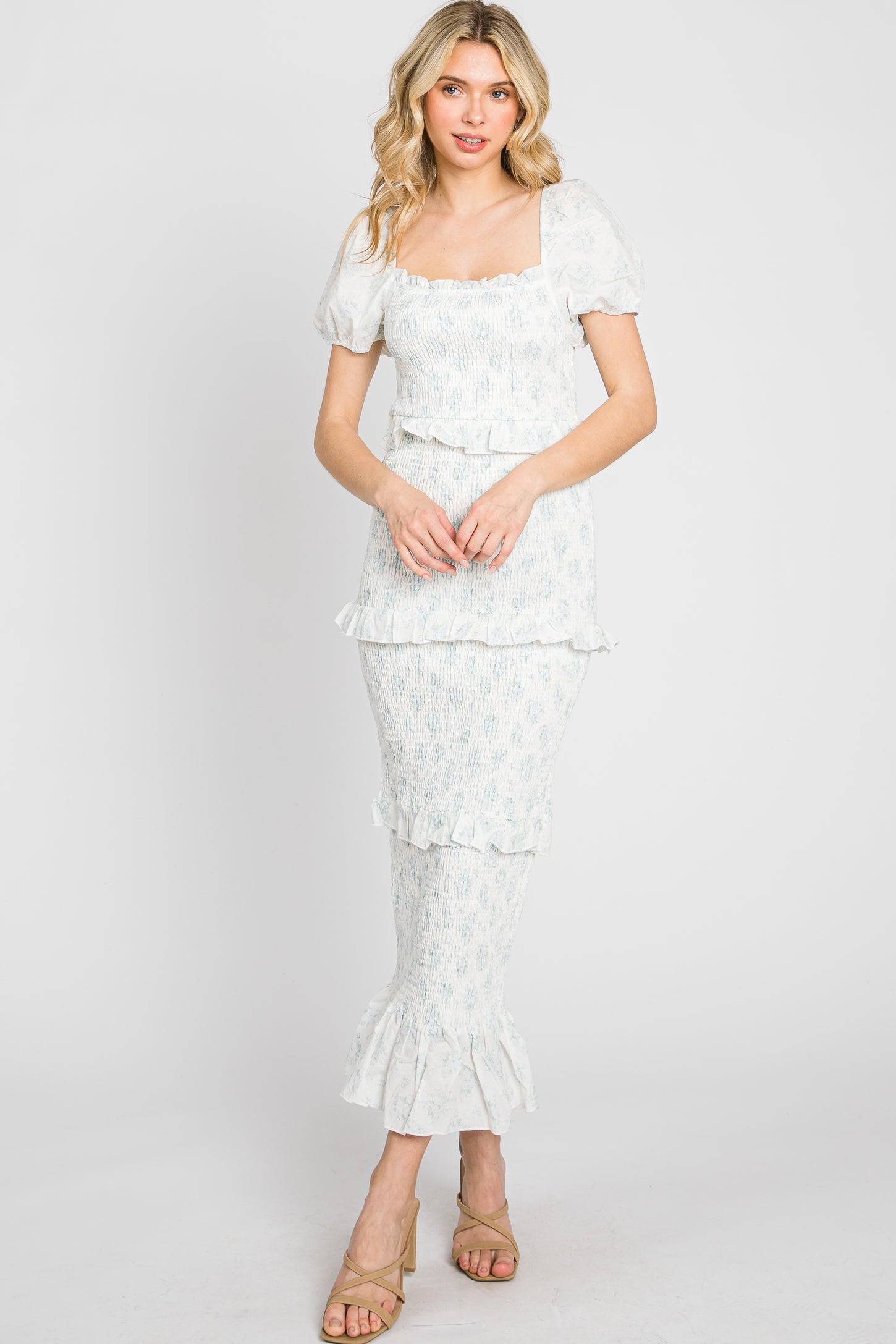 Light Blue Floral Square Neck Smocked Maternity Maxi Dress