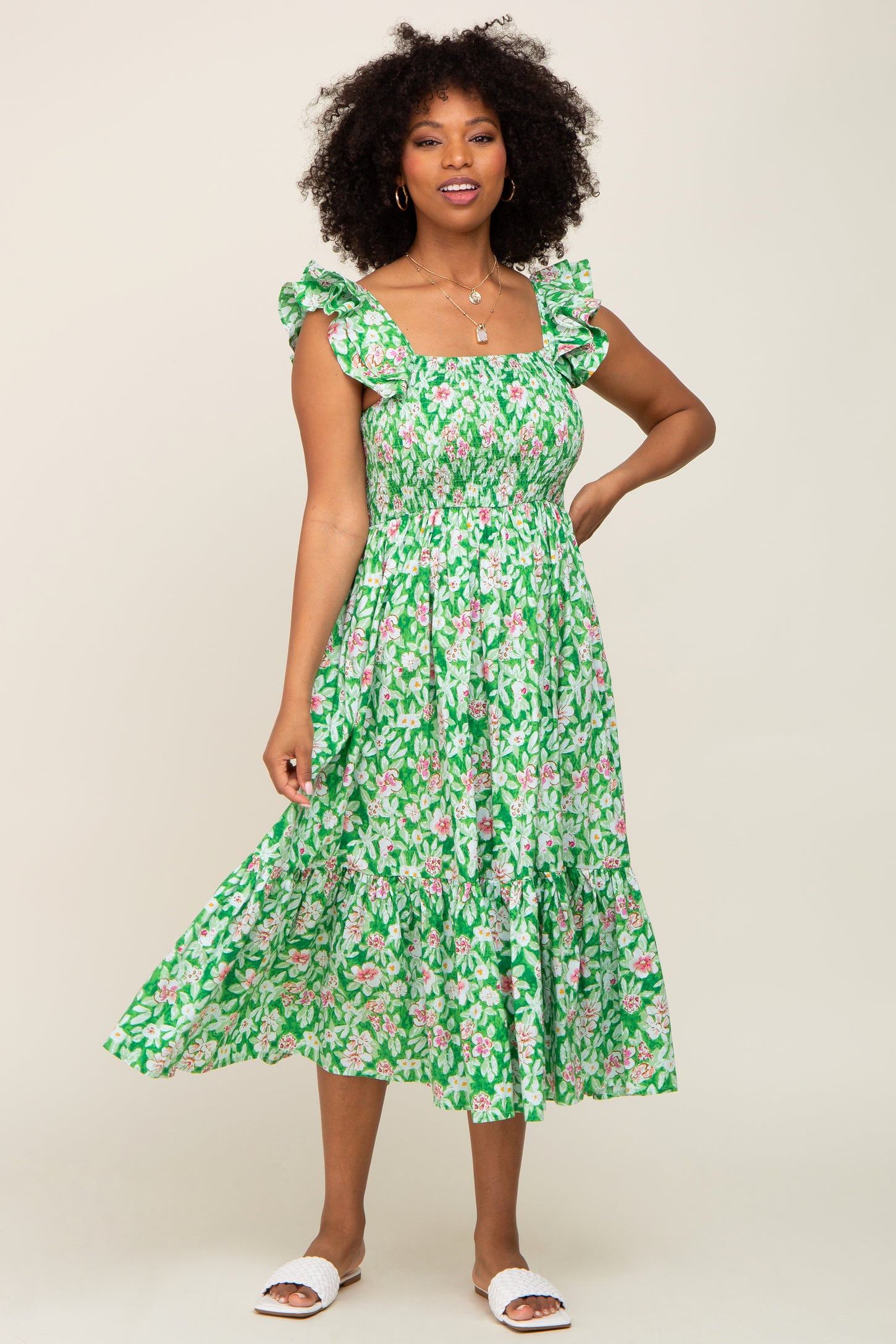 Green Floral Smocked Frill Sleeve Maternity Midi Dress PinkBlush Green Floral Smocked Frill Sleeve Maternity Midi Dress PinkBlush