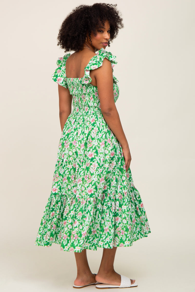 Green Floral Smocked Frill Sleeve Midi Dress – PinkBlush