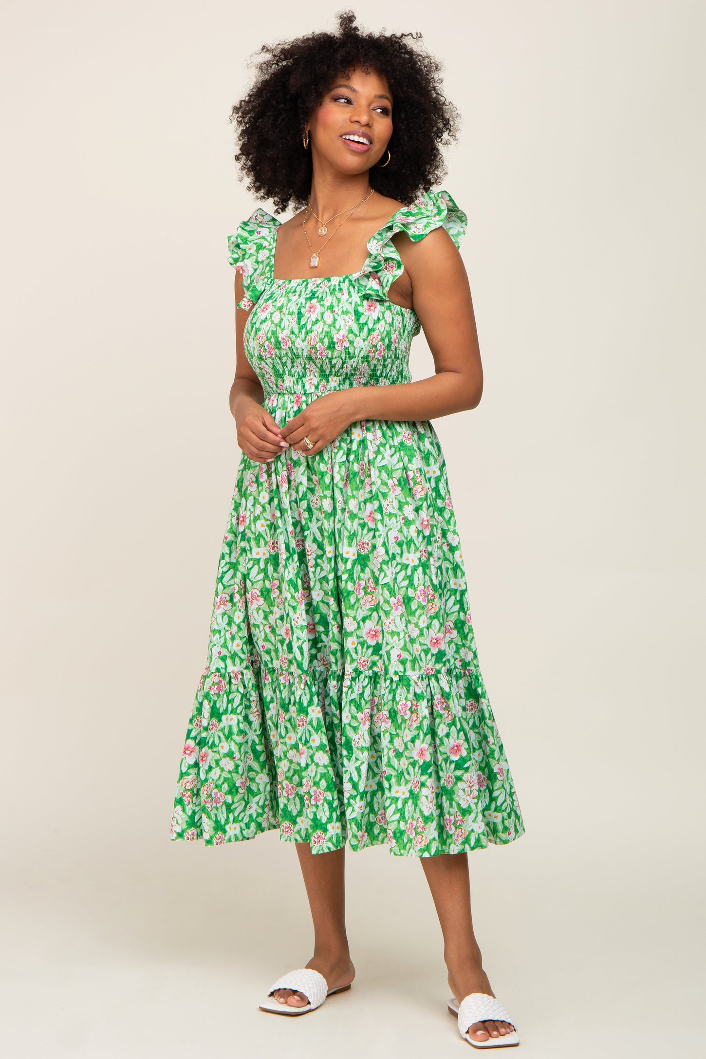 Green Floral Smocked Frill Sleeve Midi Dress – PinkBlush
