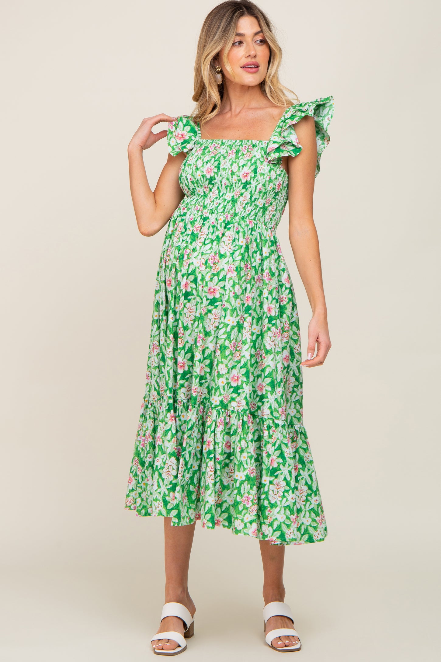 Green Floral Smocked Frill Sleeve Maternity Midi Dress PinkBlush Green Floral Smocked Frill Sleeve Maternity Midi Dress PinkBlush