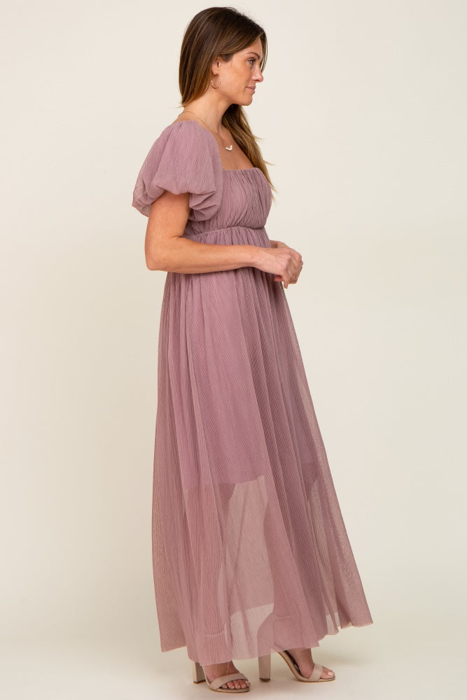 Mauve Pleated Puff Sleeve Matenrity Maxi Dress Medium Mauve Pleated Puff Sleeve Matenrity Maxi Dress Medium