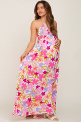 Fuchsia Floral Deep V Halter Maternity Maxi Dress