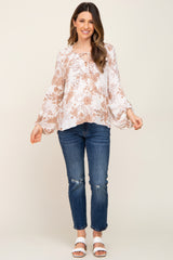 Cream Floral Lace-Up Puff Long Sleeve Maternity Top