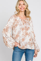 Cream Floral Lace-Up Puff Long Sleeve Maternity Top
