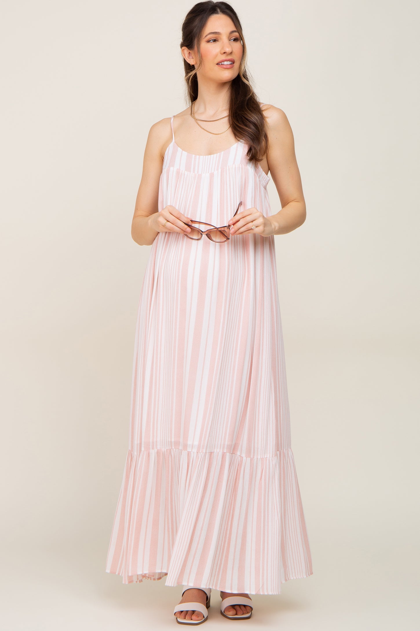 Coral Striped Sleeveless Maternity Maxi Dress