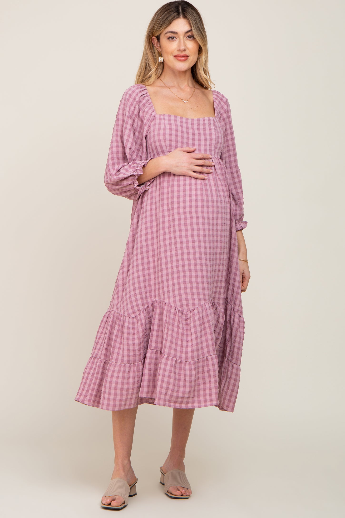 Mauve Striped 3/4 Cinched Sleeve Tiered Maternity Midi Dress