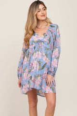 Blue Floral Cinched Front Long Sleeve Maternity Dress