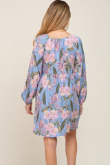 Blue Floral Cinched Front Long Sleeve Maternity Dress