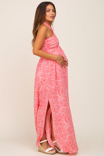 Coral Floral Halter Neck Maternity Maxi Dress
