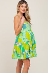 Lime Green Leaf Print Tiered Maternity Midi Dress
