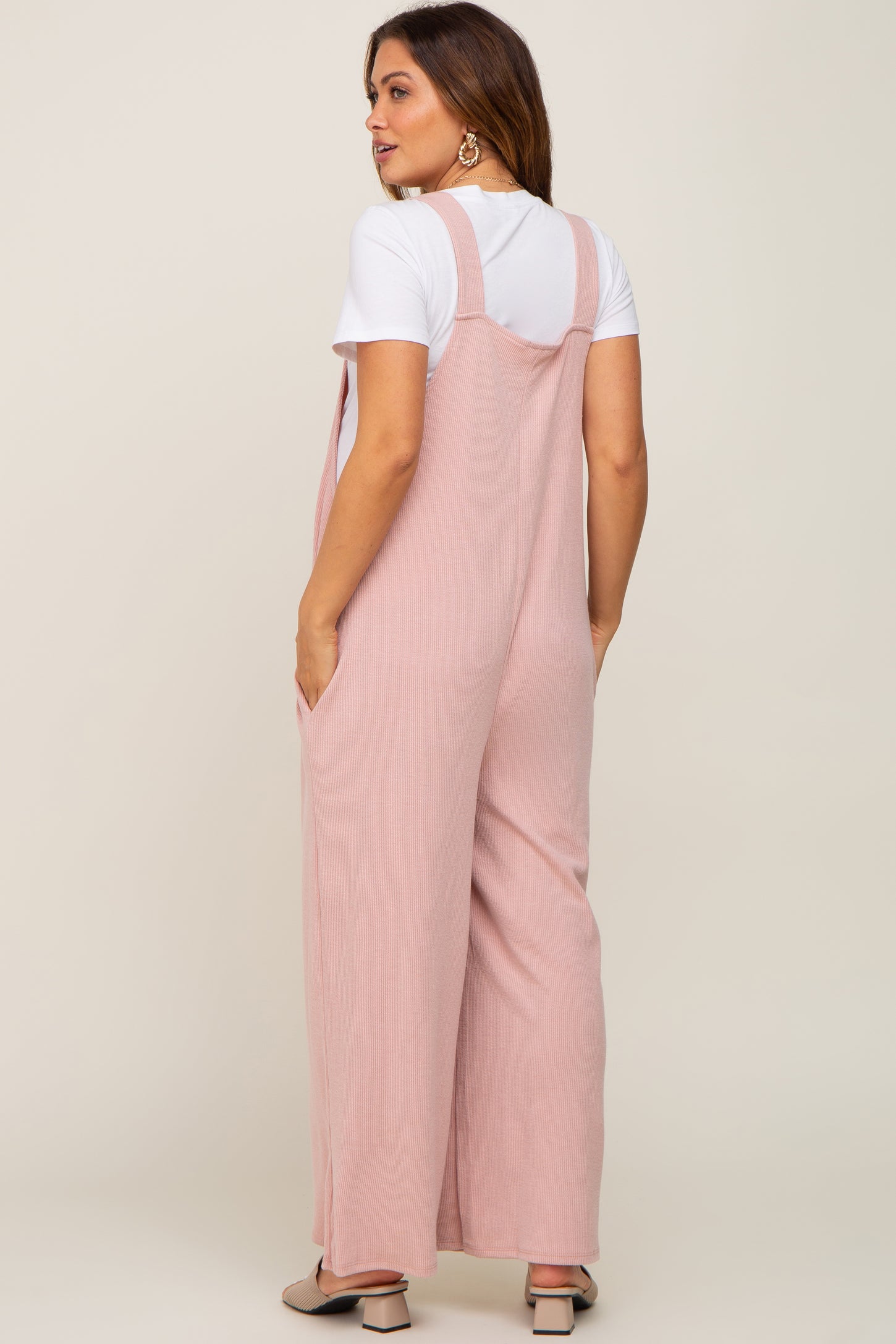 Light Pink Ribbed Maternity Wide Leg Jumpsuit