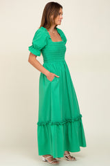 Green Puff Sleeve Ruffle Accent Maxi Dress