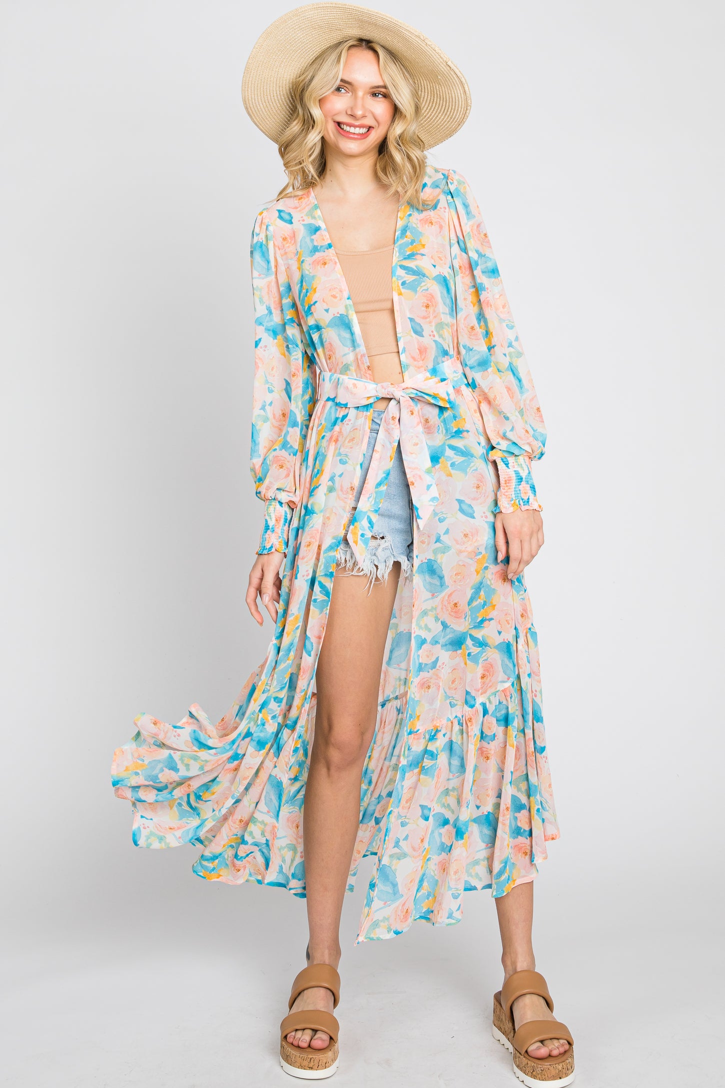 aqua floral ruffle maxi dress Aqua Floral Lace Inset S/S Maxi w Smocked Waist Aqua / L