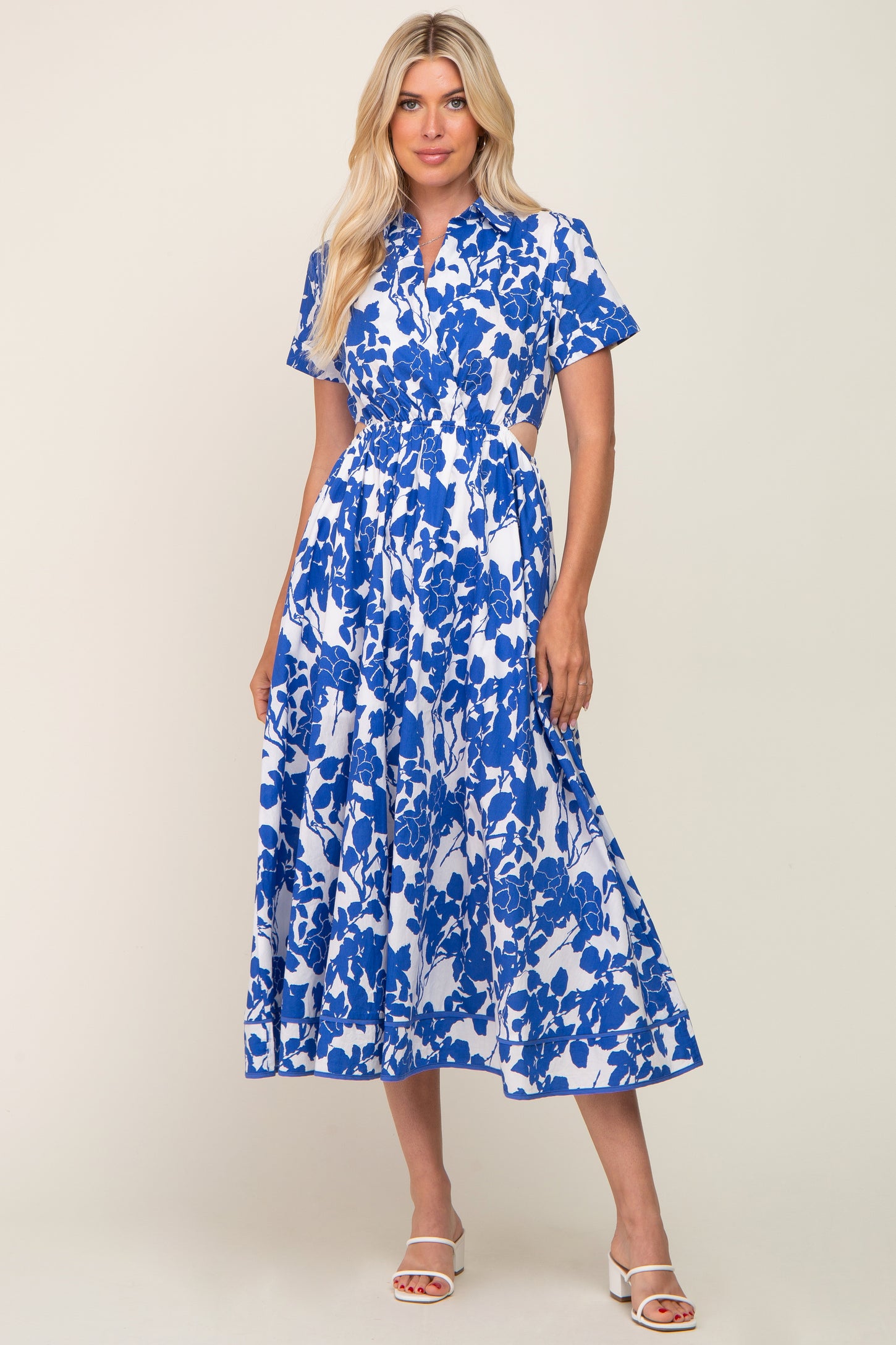 Royal Blue Floral Collared Short Sleeve Side Cutout Midi Dress Royal Blue Floral Collared Short Sleeve Side Cutout Midi Dress