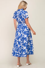 Royal Blue Floral Collared Short Sleeve Side Cutout Midi Dress