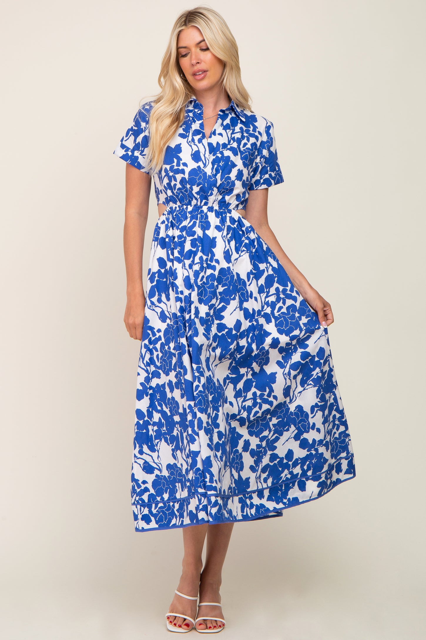 Royal Blue Floral Collared Short Sleeve Side Cutout Midi Dress