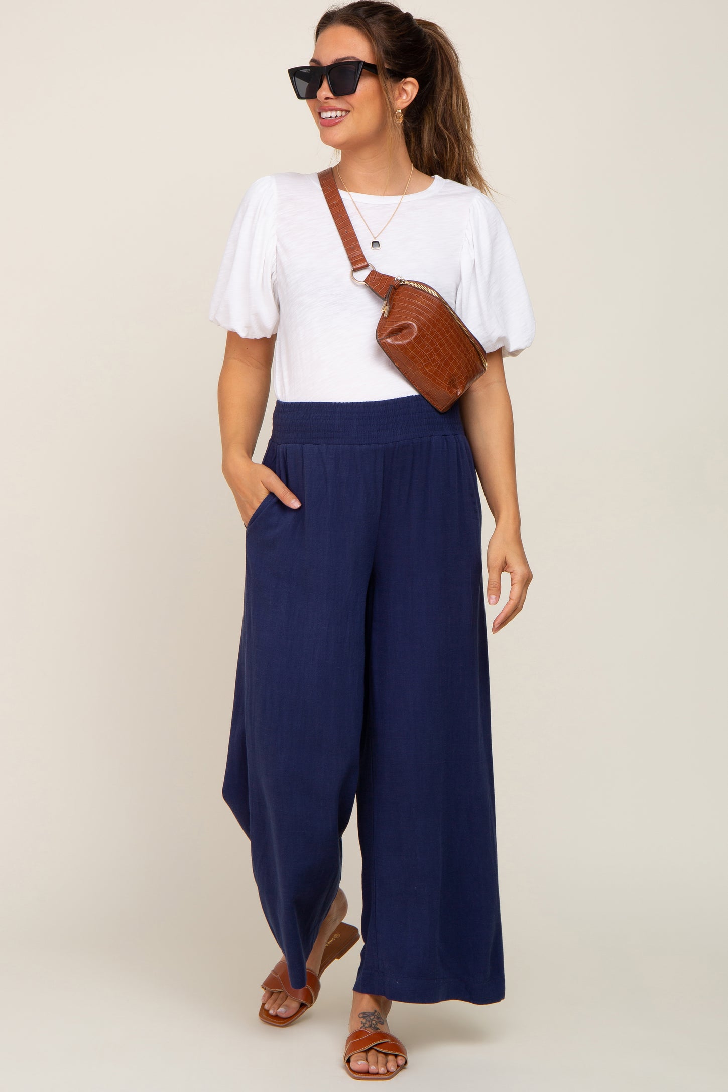 Navy Wide Leg Maternity Pants PinkBlush