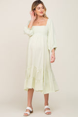 Light Green Striped 3/4 Cinched Sleeve Tiered Maternity Midi Dress