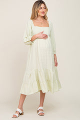 Light Green Striped 3/4 Cinched Sleeve Tiered Maternity Midi Dress