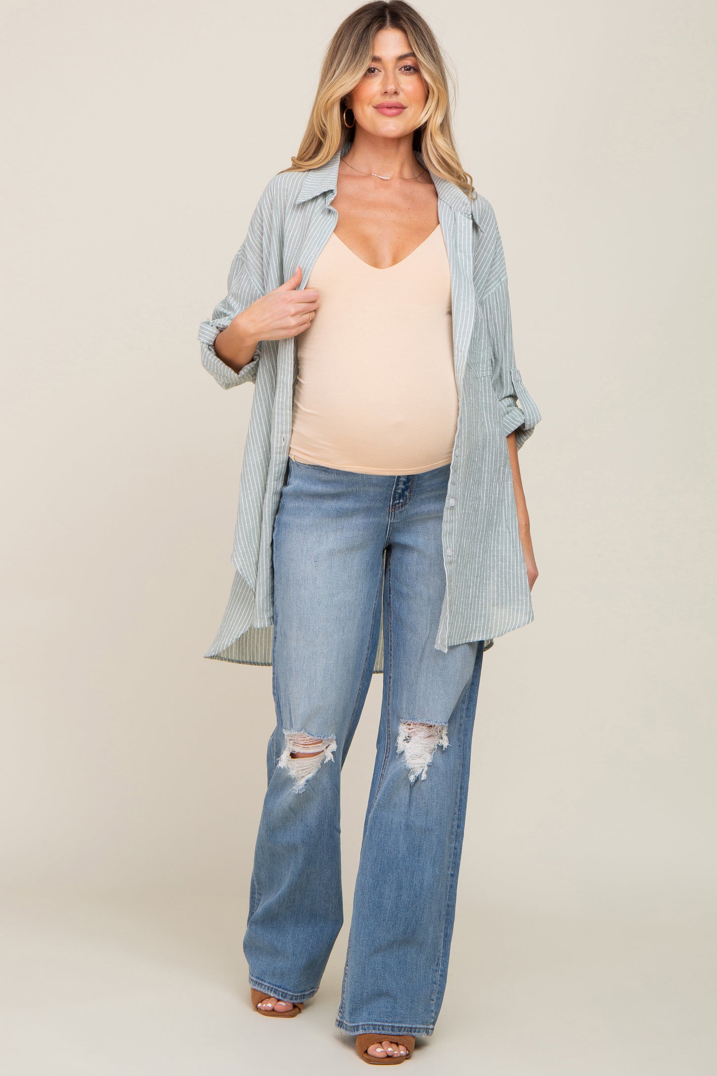Blue Exposed Knee Maternity Flare Jeans PinkBlush