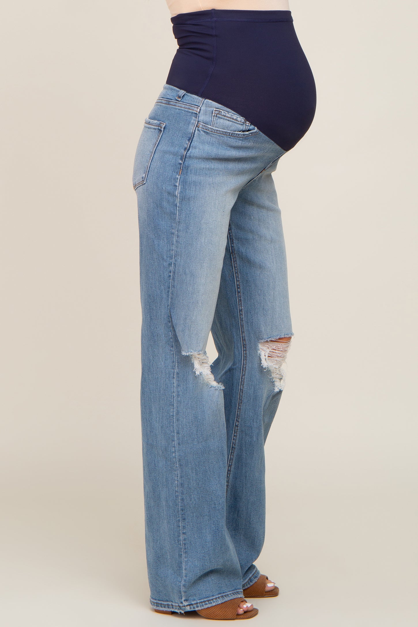 Blue Exposed Knee Maternity Flare Jeans PinkBlush