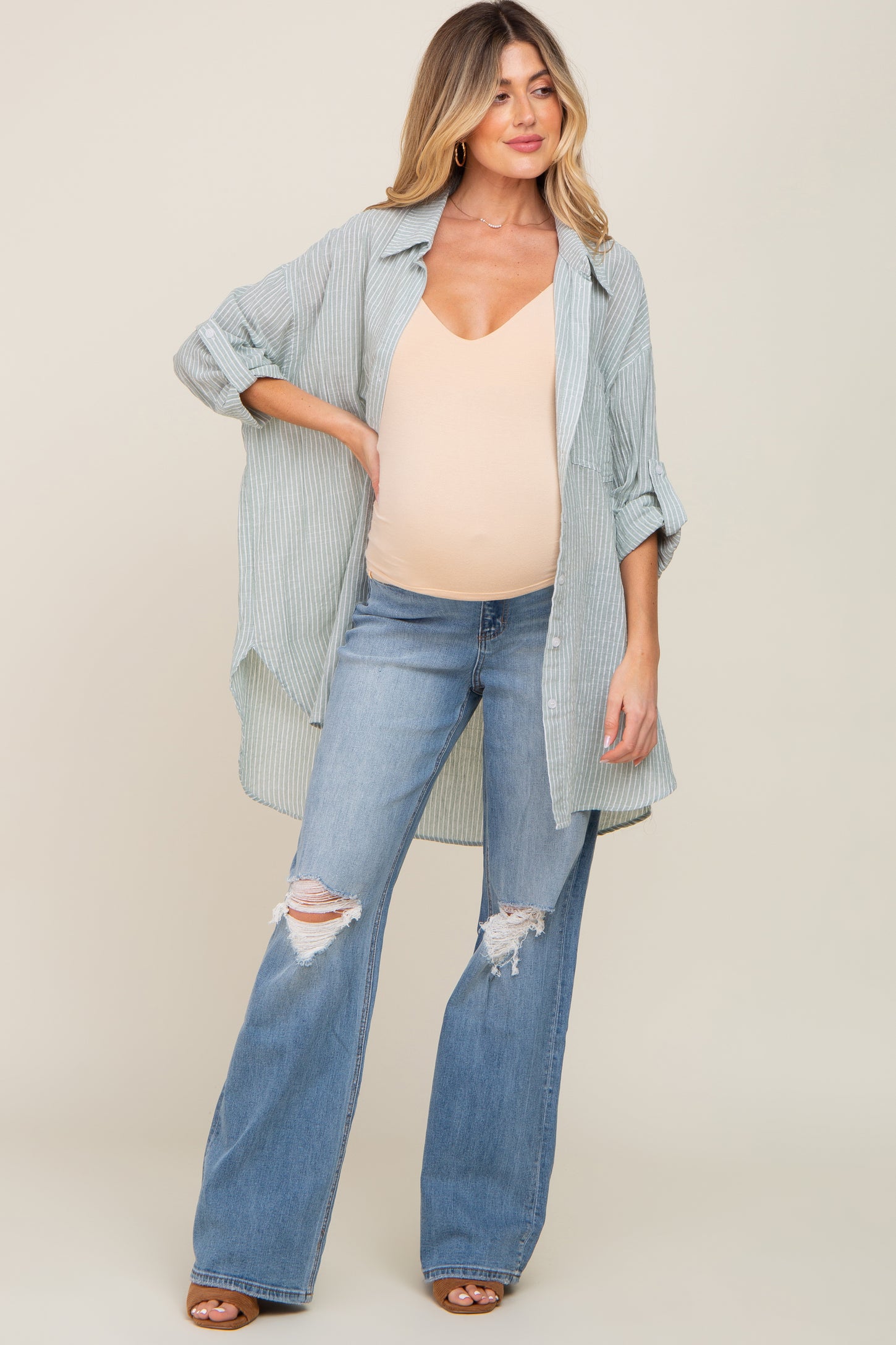 Blue Exposed Knee Maternity Flare Jeans PinkBlush