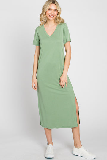 Sage V-Neck Short Sleeve Side Slit Midi Dress